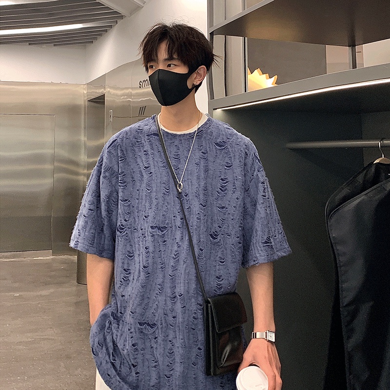 Áo Thun Cotton Tay Ngắn Dáng Rộng Phối Rách Kiểu Đường Phố Mỹ Thời Trang Mùa Hè Cho Nam