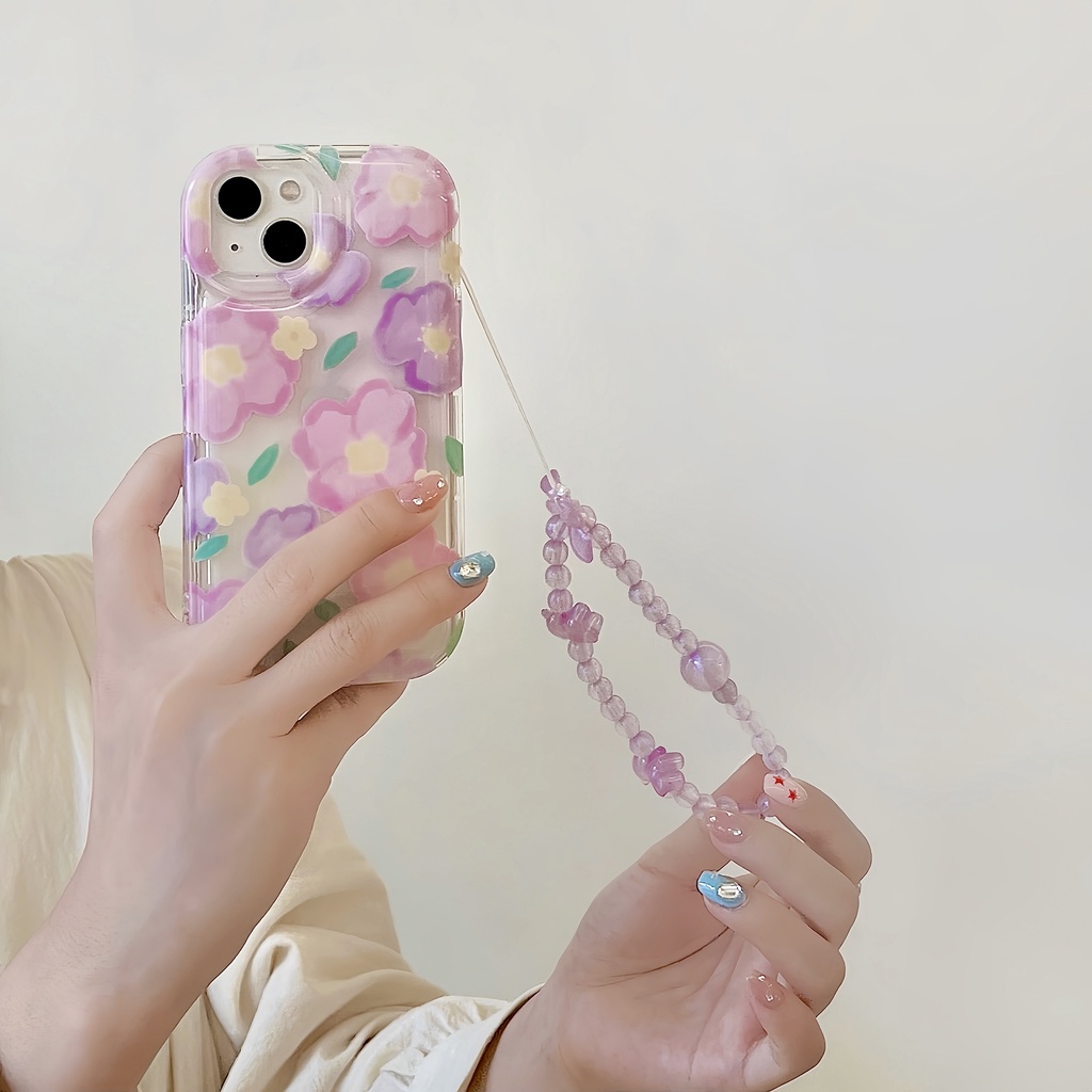 Ốp Điện Thoại TPU Dẻo Trong Suốt Họa Tiết Hoa Tím Kèm Vòng Tay &amp; Dây Đeo Chống Sốc Cho IPhone 14 13 12 11 Pro