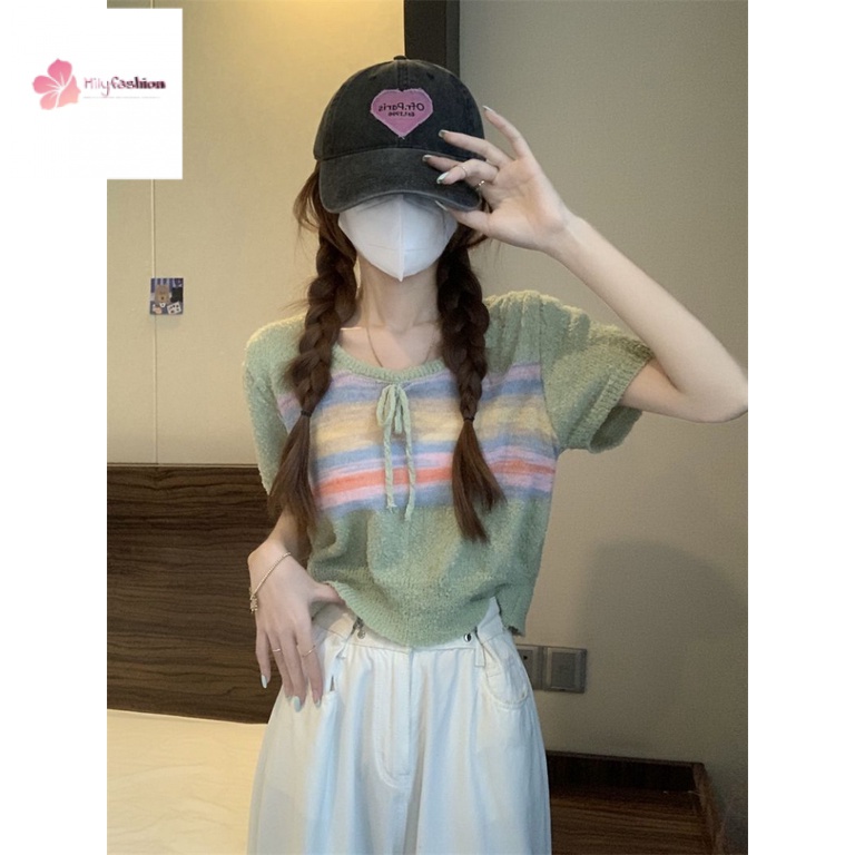 Áo Sweater Dệt Kim Kẻ Sọc Cầu Vồng Phối Nơ Phong Cách Thời Trang Mới 2023