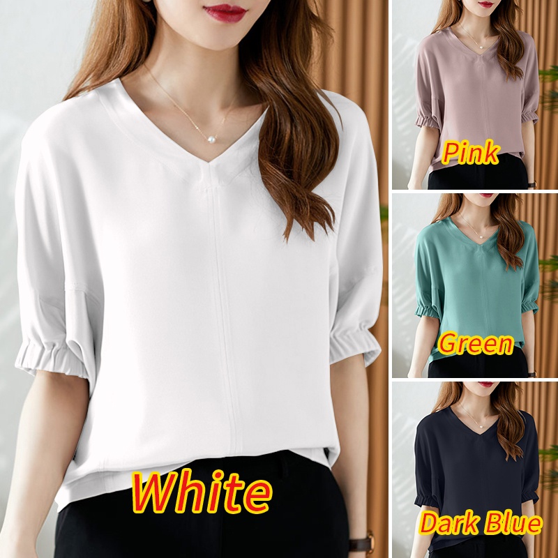 ZANZEA Áo Sơ Mi Tay Lửng Cổ Chữ V Màu Trơn Phong Cách Hàn Quốc Cho Nữ