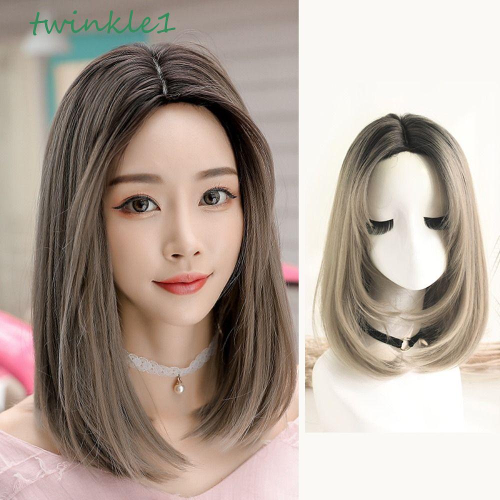 Bộ Tóc Giả Ngắn Thẳng Bằng Sợi Tổng Hợp Dày Dặn Màu Nâu Xám Ombre Tự Nhiên Kháng Nhiệt