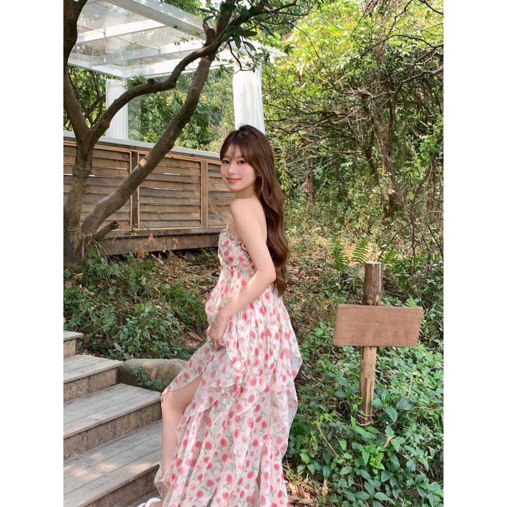 Đầm Dài Hai Dây Phối Bèo Họa Tiết Hoa Phong Cách Pháp Thời Trang Mùa Hè Hàng Mới Dành Cho Bạn Nữ