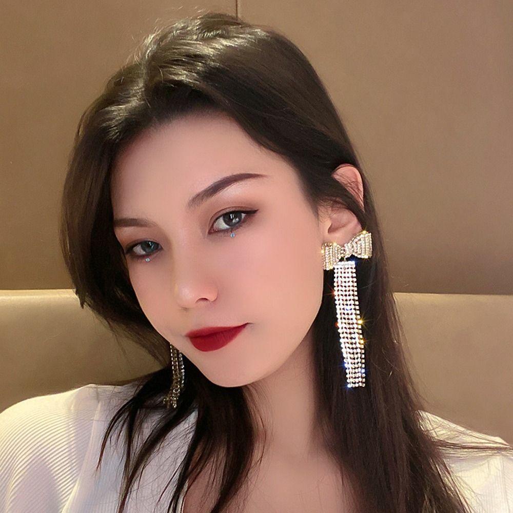 ANEMONE Bông Tai Dáng Dài Hình Nơ Bằng Hợp Kim Đính Đá Lấp Lánh Thời Trang Phong Cách Hàn Quốc Cho Nữ