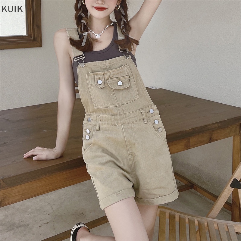 Quần Yếm Denim Kaki Ngắn Ống Rộng Dáng Suông Phối Túi Kiểu Mỹ Thời Trang Mùa Hè Cho Nữ