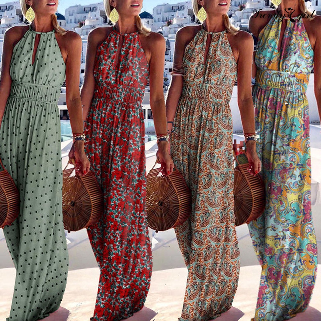 Đầm Maxi Không Tay Hở Lưng Họa Tiết Hoa Phong Cách Bohemian Dành Cho Nữ