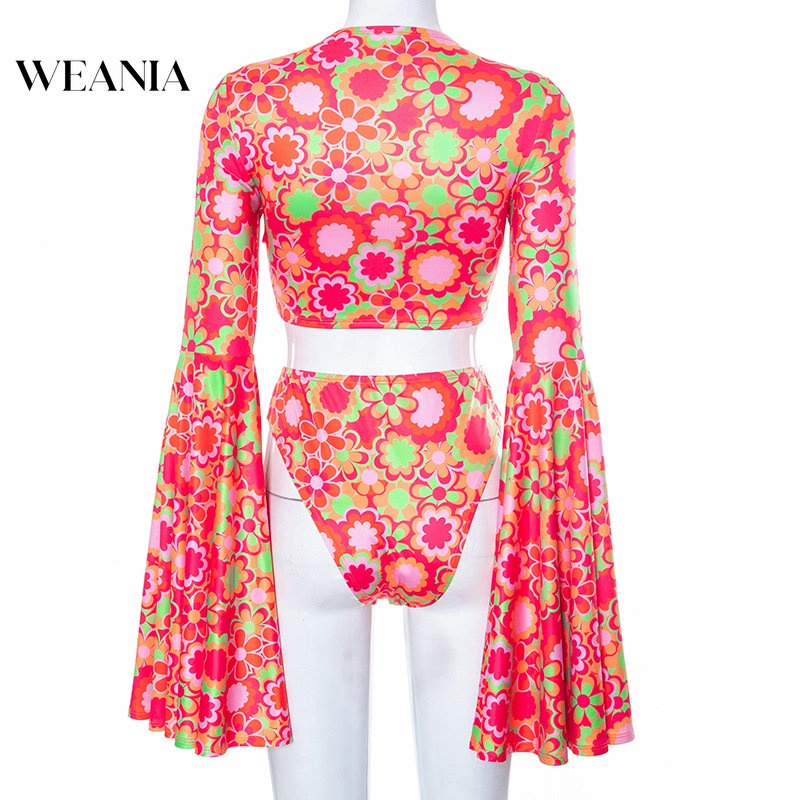 Bộ Bikini Hai Mảnh Lưng Cao Ống Loe In Hoa Phong Cách Retro Cho Nữ