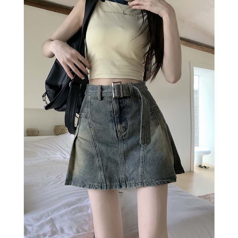 Chân Váy Denim Xếp Li Lưng Cao Thời Trang Mùa Hè Dành Cho Nữ