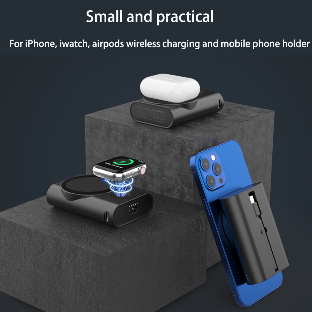 Sạc Dự Phòng Không Dây 5200mAh Có Nam Châm Cho Apple Watch iPhone 14 13 12 Samsung 3 Trong 1