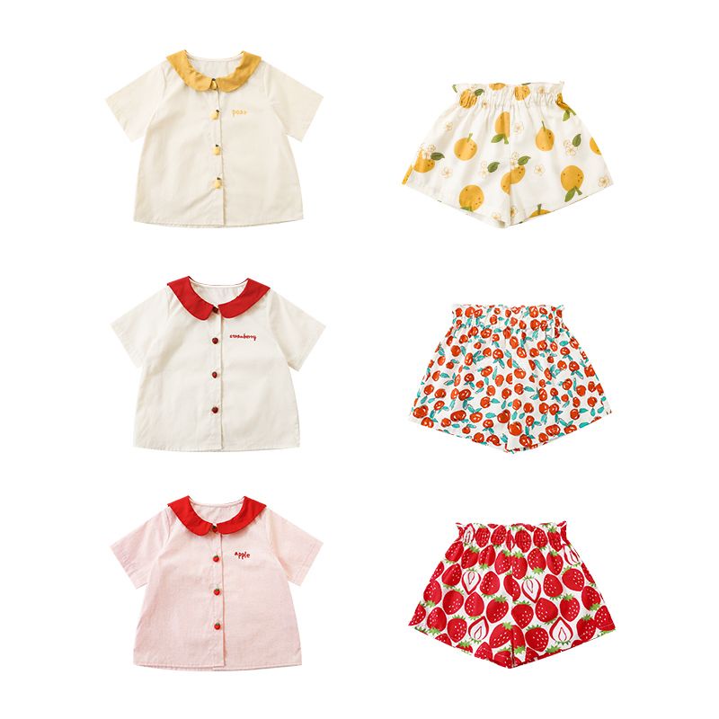Bộ Áo Sơ Mi Cổ Búp Bê Tay Ngắn + Quần Short In Họa Tiết Trái Cây Màu Tương Phản Thời Trang Mùa