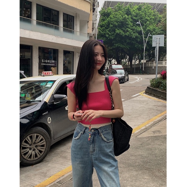 Áo Croptop Sát Nách Màu Trơn Thiết Kế Cổ Vuông Thanh Lịch