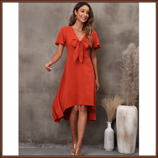 Đầm Tay Ngắn Cổ Chữ V Thắt Nơ Màu Trơn Phong Cách Bohemian Thời Trang Dành Cho Nữ