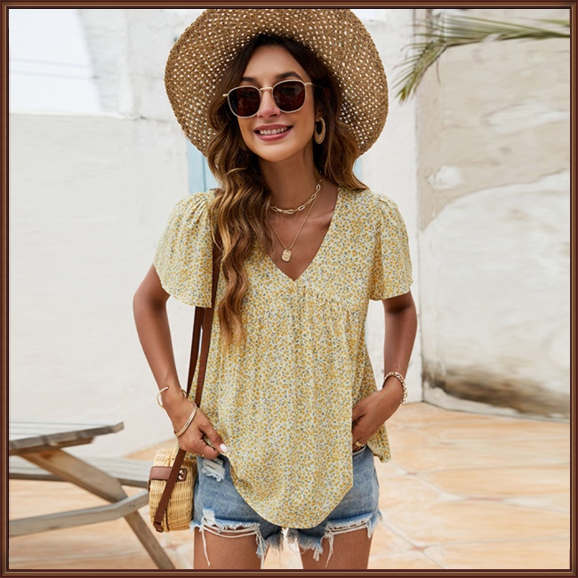 Áo Kiểu Tay Ngắn Cổ Chữ V Xếp Ly In Họa Tiết Hoa Thanh Lịch Dành Cho Nữ