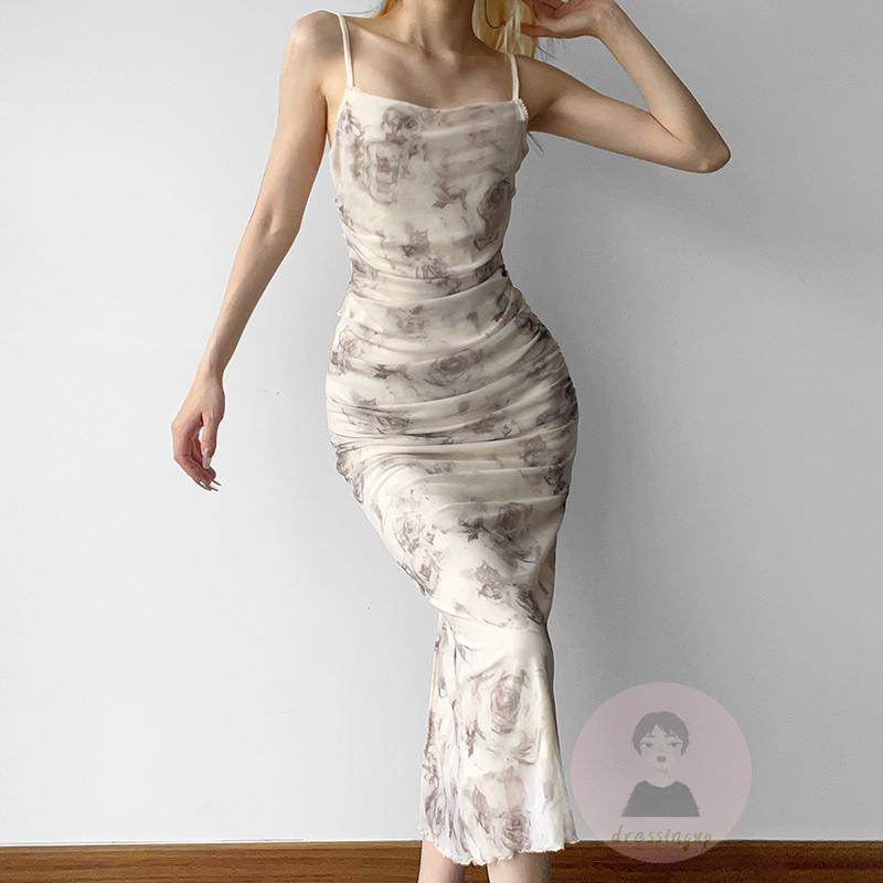 Đầm Hai Dây Hở Lưng Xẻ Tà In Họa Tiết Hoa Phong Cách Cổ Điển Thời Trang Cho Nữ