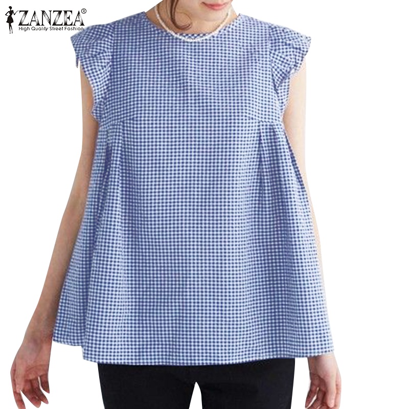 Áo tanktop ZANZEA không tay cổ tròn xếp ly họa tiết caro phong cách Hàn Quốc cho nữ