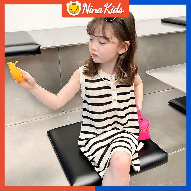 Đầm Kẻ Sọc Phong Cách Hàn Quốc Cho Bé Gái 1-7 Tuổi