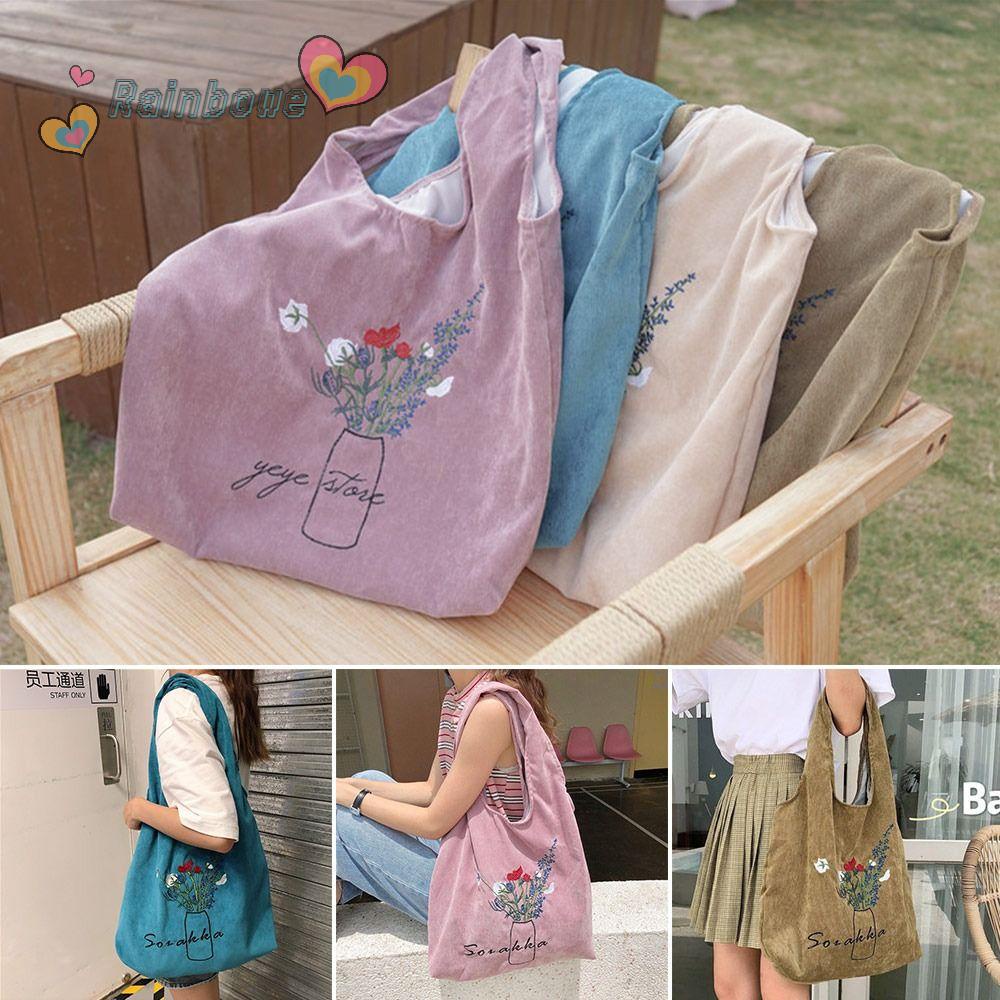 Túi Tote Đeo Vai Dung Tích Lớn Bằng Vải Nhung Kẻ Màu Cầu Vồng Phong Cách Thoải Mái