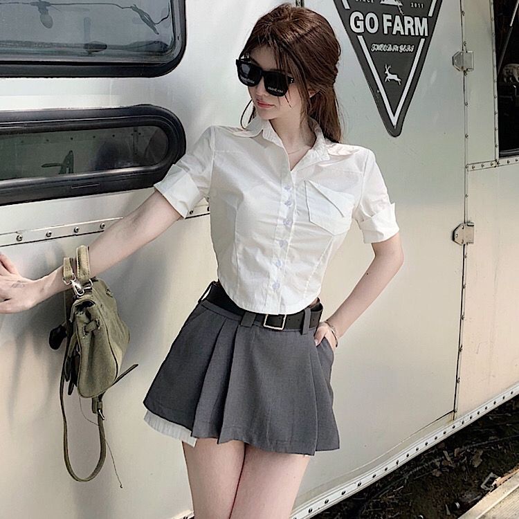 Cozok Áo Sơ Mi Ngắn Tay Dáng Ôm Chiết Eo Thời Trang Dành Cho Nữ