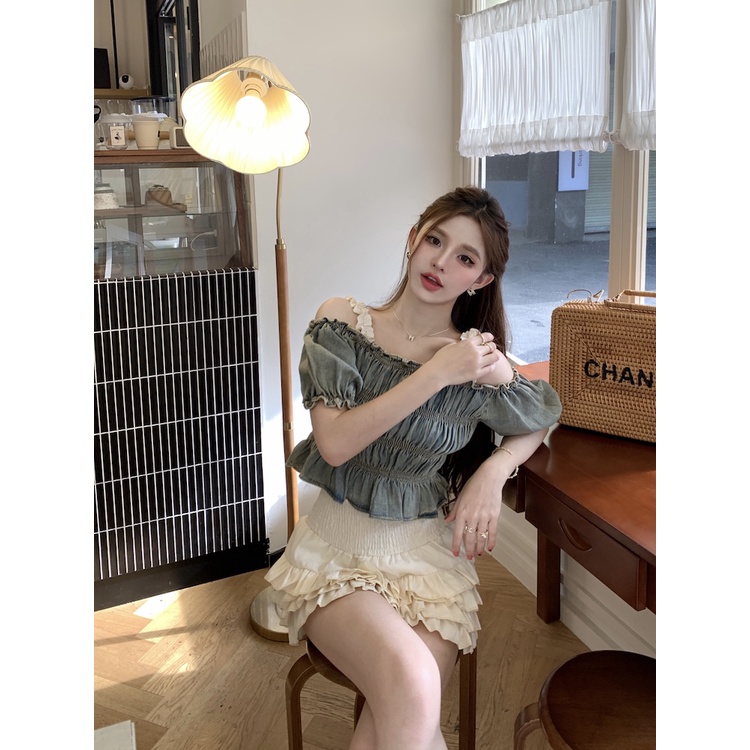 Áo denim Trễ Vai Tay Phồng Xếp Ly Co Giãn Thời Trang Mùa Hè Hàng Mới Dành Cho Bạn Nữ
