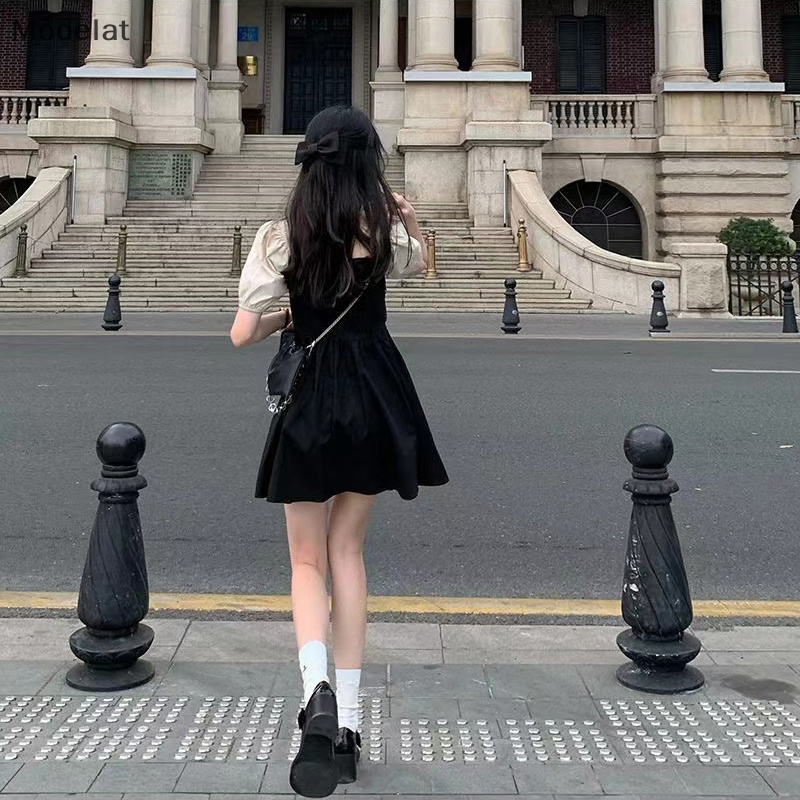 Đầm Đen Tay Ngắn Phong Cách Vintage Pháp Cho Nữ