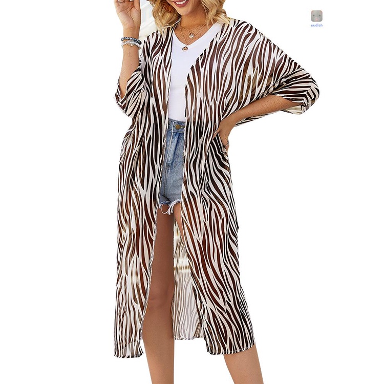 Áo Khoác Kimono Chiffon Tay Lửng Dáng Rộng In Họa Tiết Hình Học Màu Nâu Mới Cho Nữ