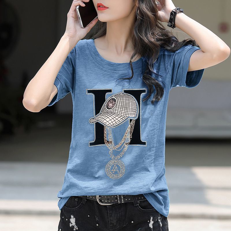 Áo Thun Cotton Ngắn Tay Dáng Rộng Đính Đá Thời Trang Mùa Hè Cho Nữ