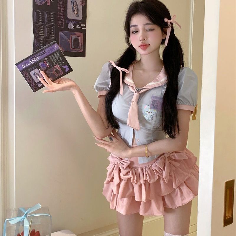 Set Áo Thủy Thủ Ngắn Tay + Chân Váy Hồng Thời Trang Nữ Tính Cô Gái Nóng Bỏng Gợi Cảm. Quần Dài Thiết Kế Ngọt Ngào Dễ Thương Dành Cho Nữ