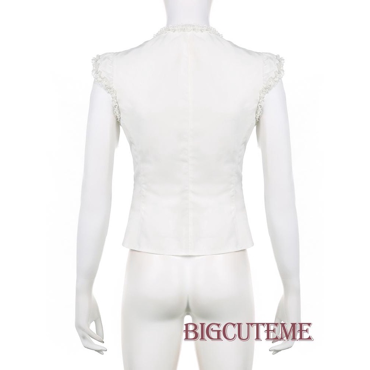 [] Áo Thun Nữ Cài Nút Xuống Cổ Tròn Tay Áo Thắt Dây Chéo Phía Trước Màu Trắng