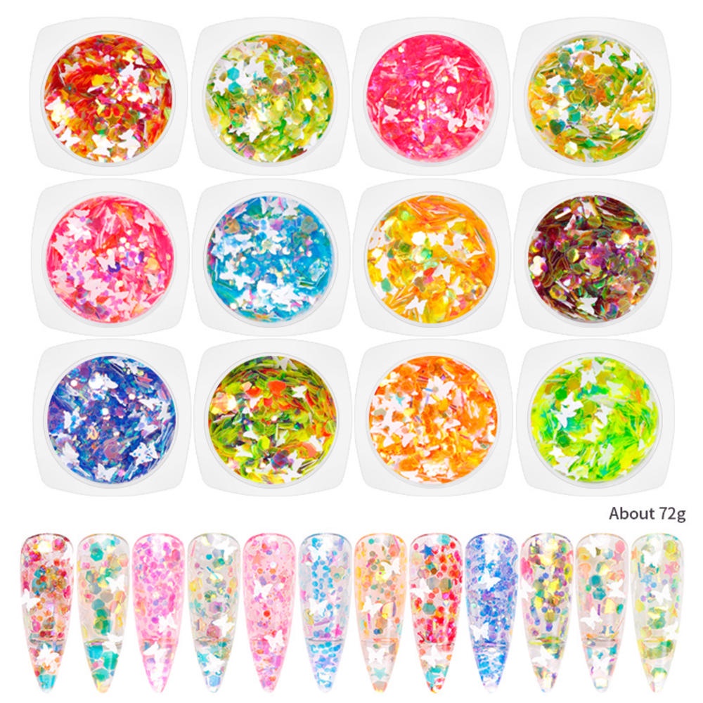 Set 12 Hộp Phụ Kiện Kim Tuyến Lấp Lánh Trang Trí Móng Tay Nghệ Thuật Kèm Hộp Đựng