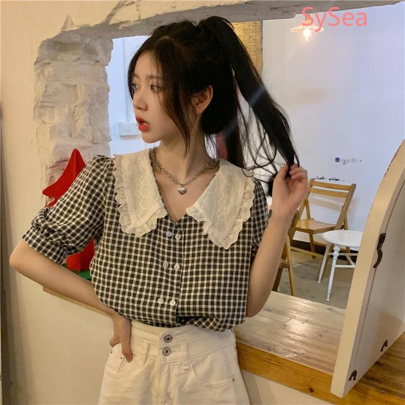 Áo Kiểu Tay Phồng Cổ Búp Bê Form Rộng Họa Tiết Sọc Caro Phong Cách Pháp