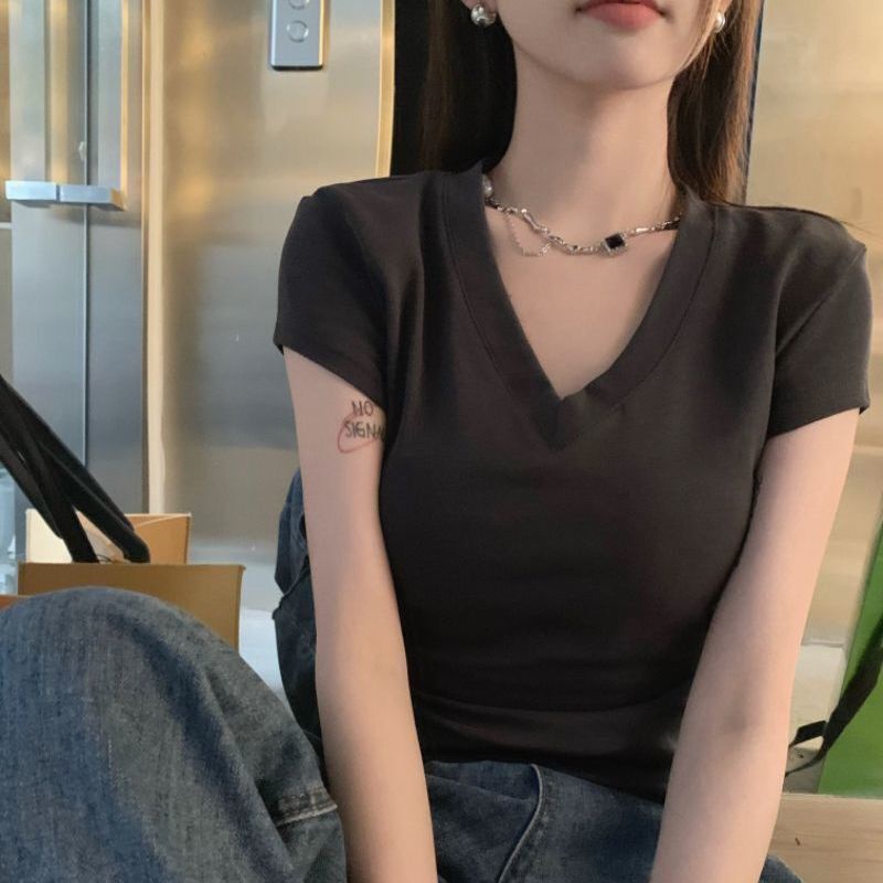 COZOK Áo Thun Ngắn Tay Cổ Chữ V Phối Dây Rút Thời Trang Đơn Giản