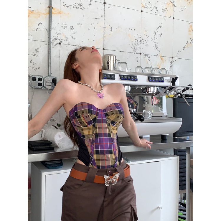 [F &amp; X] Áo Ống Ngắn Cúp Ngực Kẻ Sọc Caro Cổ Điển Quyến Rũ Dễ Phối Đồ Phong Cách Hong Kong Cho Nữ