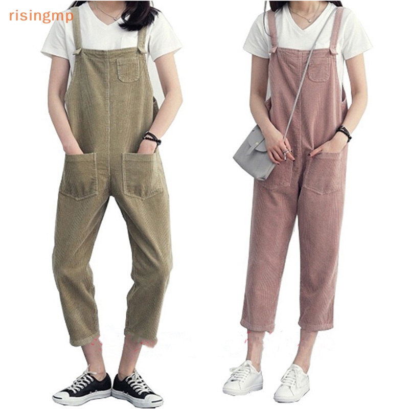 [risingmp] Quần Yếm Dáng Rộng Bằng Nhung Kẻ Màu Trơn Có Túi Phong Cách Hàn Quốc Giản Dị Dành Cho Nữ