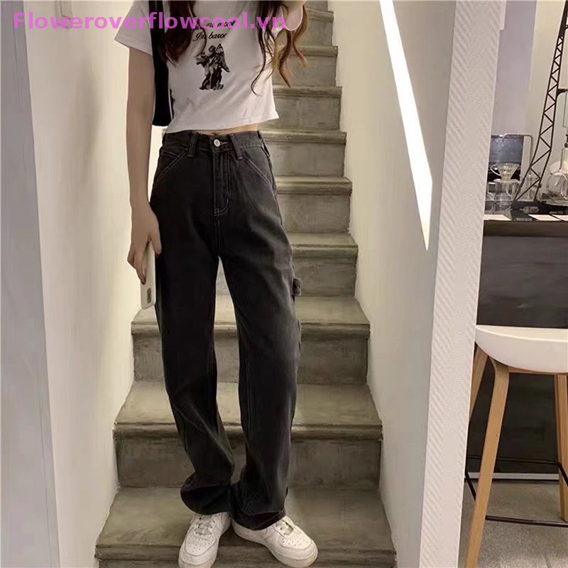 Quần Jean Đen Lưng Cao Dáng Suông Dễ Phối Đồ Thời Trang Phong Cách Hàn Quốc Cho Nữ