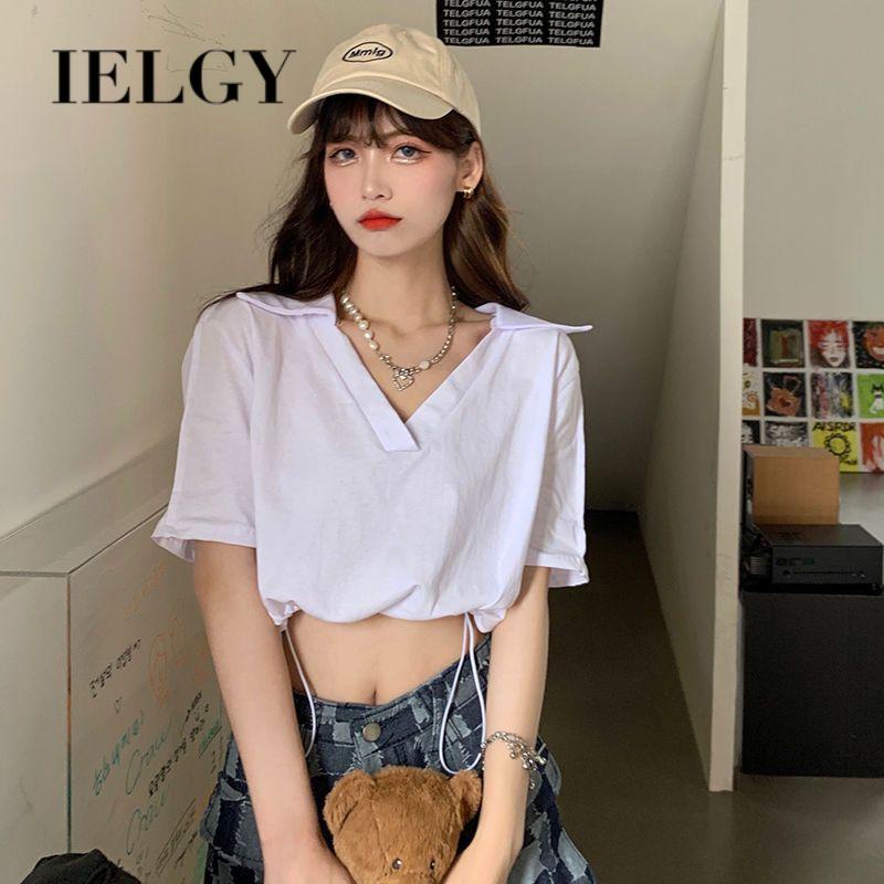 IELGY    Áo Thun crop top Tay Ngắn Cổ polo Eo Cao Thời Trang Dành Cho Nữ