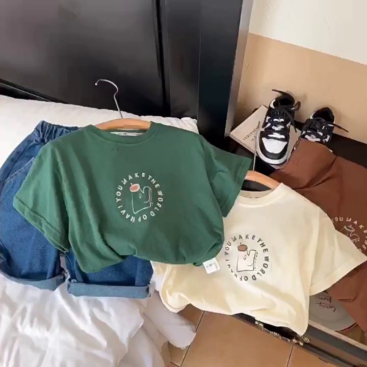 MNGRL Áo Thun Cotton Mỏng Tay Ngắn Màu Trơn Phong Cách Hàn Quốc Thời Trang Mùa Hè Cho Bé Gái Bé Trai