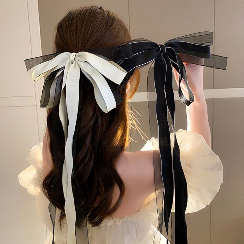 Kẹp Tóc Nơ Lưới Hai Lớp Màu Trắng Đen Phong Cách Retro Thời Trang Cho Nữ