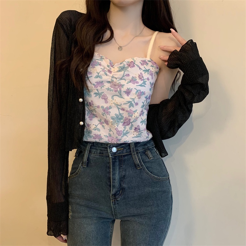 Set Áo Khoác Cardigan Dài Tay + Áo Hai Dây Họa Tiết Hoa Thời Trang Mùa Hè Mới Cho Nữ