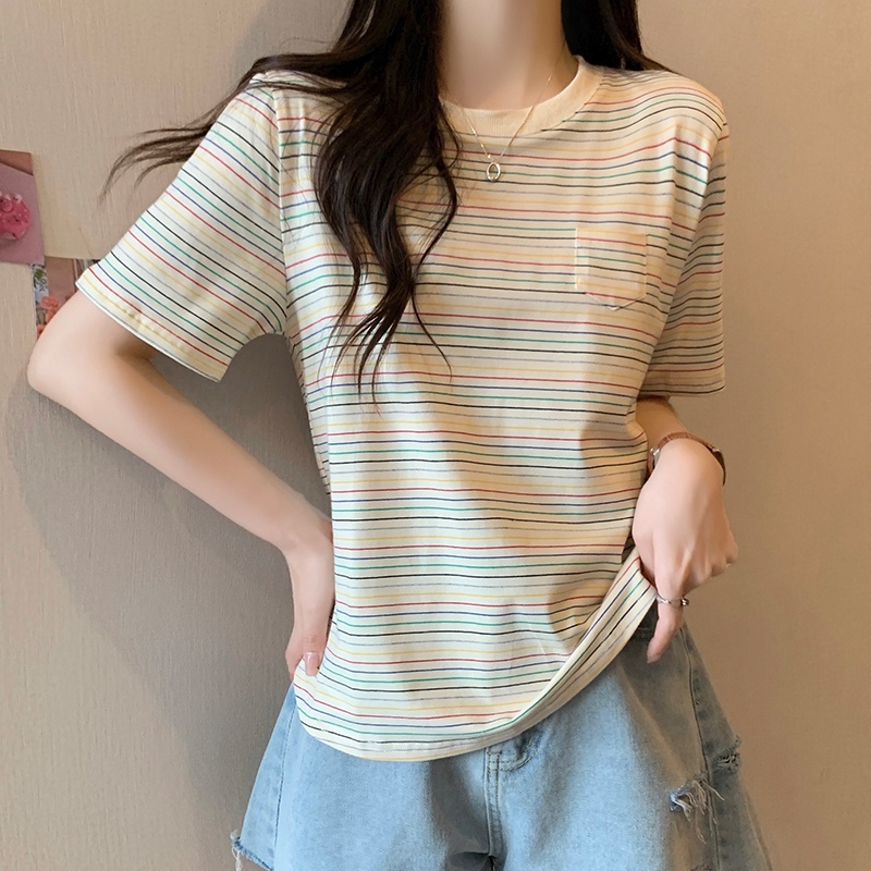Áo Thun Tay Ngắn Cổ Tròn Họa Tiết Sọc Ngang Màu Cầu Vồng Phong Cách Retro Dành Cho Nữ