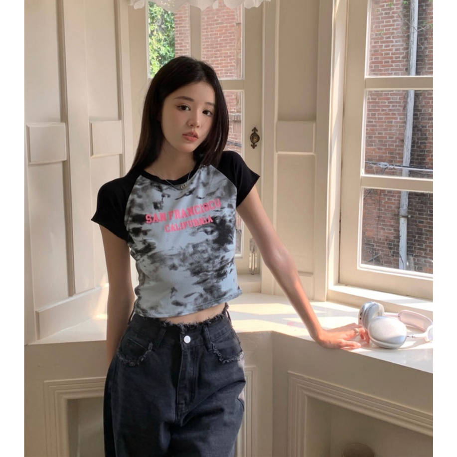 Áo baby tee Thun croptop Tay Ngắn Nhuộm Màu Phong Cách Retro Hong Kong Độc Đáo Cho Nữ