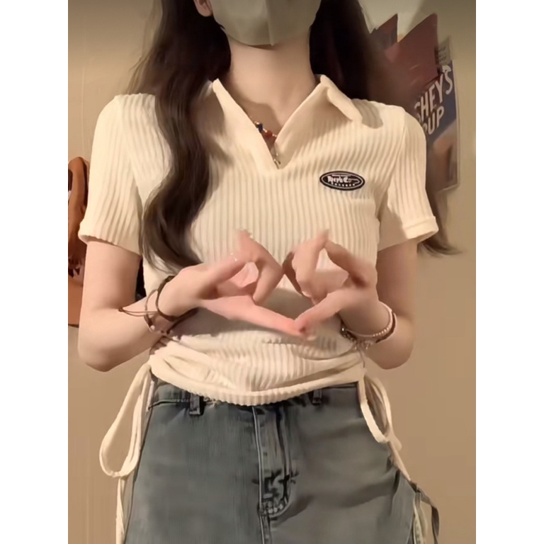 Áo Thun baby tee croptop nữ Ngắn Tay Cổ Chữ v Phối Dây Rút Phong Cách Mỹ Thời Trang Mùa Hè Mới 2023 Cho Nữ