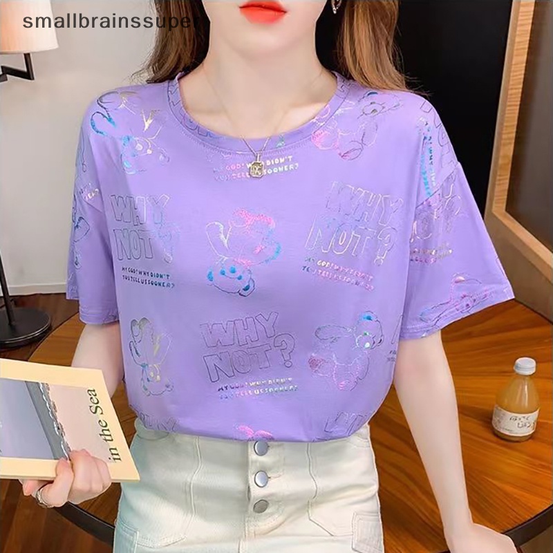 Áo Thun Ngắn Tay Cổ Tròn Dáng Rộng In Hình Gấu Thời Trang Mùa Hè Dành Cho Nữ