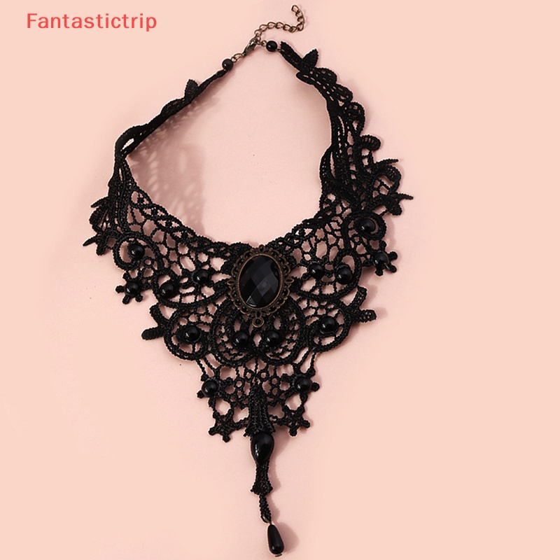 [Fantastictrip] Vòng Cổ Choker Ren Đen Đính Hạt Đá Quý Quyến Rũ Phong Cách Gothic Quà Tặng Đẹp Cho Phụ Nữ
