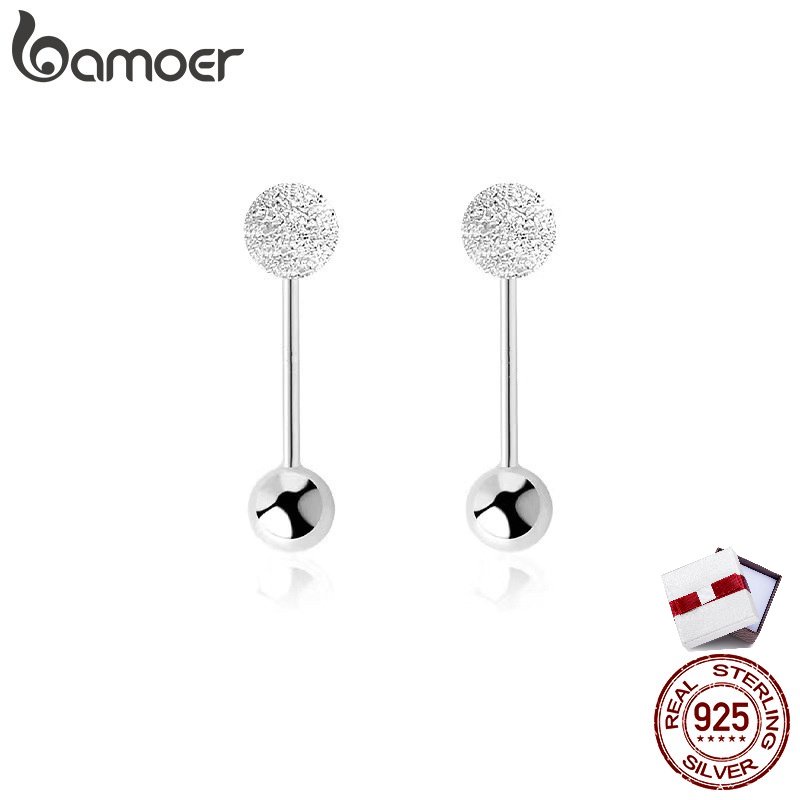 Đôi khuyên tai BAMOER bạc 925 hai đầu bóng tròn độc đáo thời trang