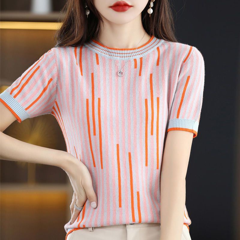 Áo Thun Tay Ngắn Cổ Tròn Dáng Rộng Họa Tiết Kẻ Sọc Thời Trang Mùa Hè Cho Nữ