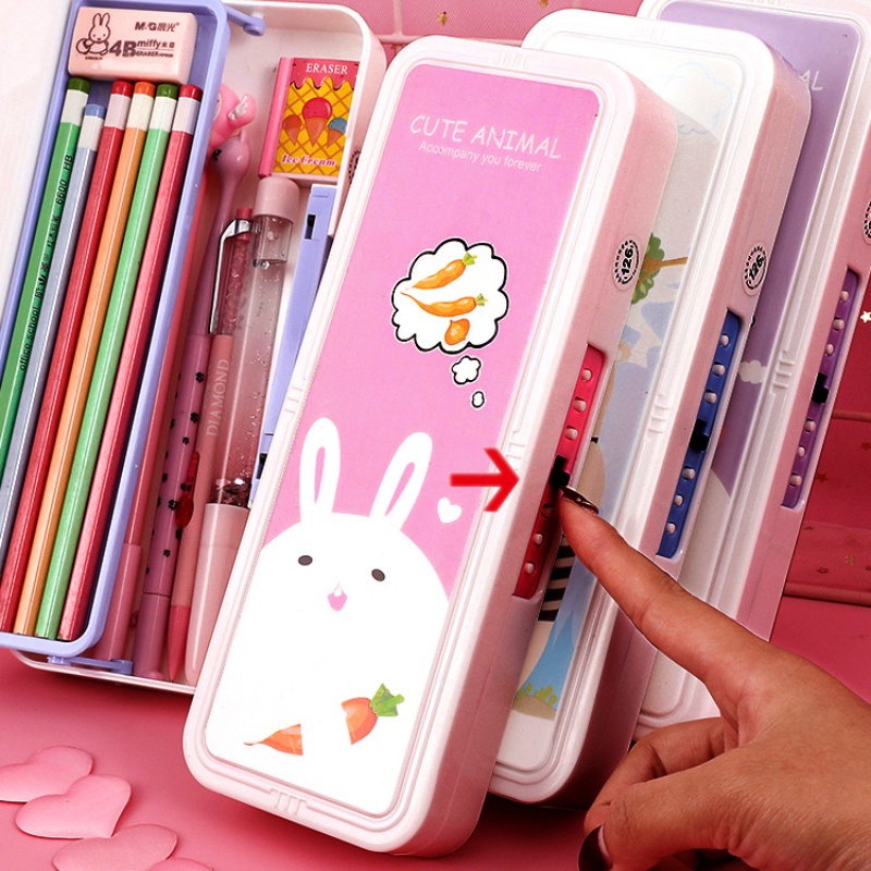 Hộp Đựng Bút Bằng Nhựa Hai Lớp Đa Năng Có Khóa Mật Khẩu Họa Tiết Hoạt Hình Sáng Tạo Cho Bé