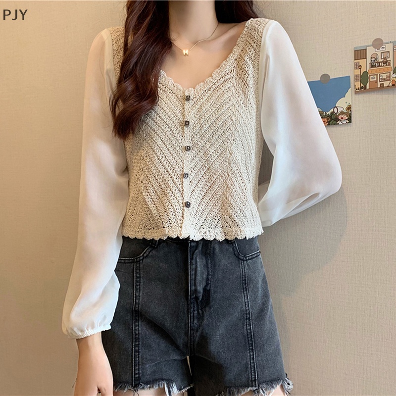 Áo Sơ Mi Dệt Kim Tay Dài Cổ Chữ V Thêu Họa Tiết Rỗng Thời Trang Mùa Hè Cho Nữ PJ