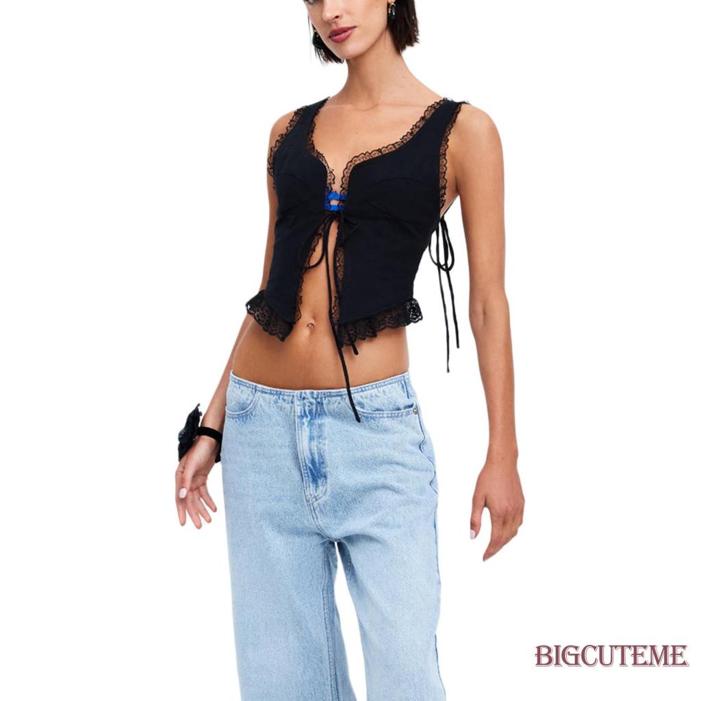 [] - Áo Crop Top Không Tay Ôm Dáng Màu Trơn Cột Dây Phía Trước Phối Ren Gợi Cảm Cho Nữ