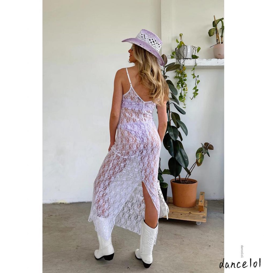 Đầm Dài Phối Ren Hoa Thiết Kế Hở Lưng Quyến Rũ Cho Phái Nữ 1O1