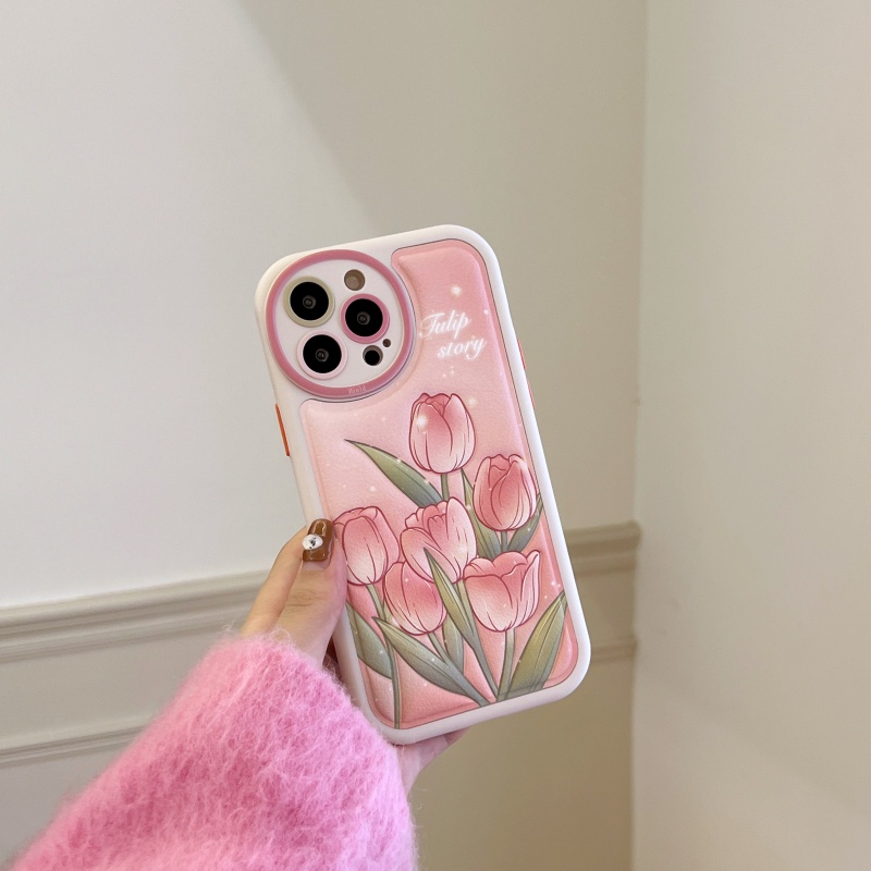Ốp Điện Thoại Da Silicon Mềm Chống Sốc Phối Lỗ Tròn Hình Hoa Tulip Cho iPhone 14 13 12 11 Pro Max 14 Plus