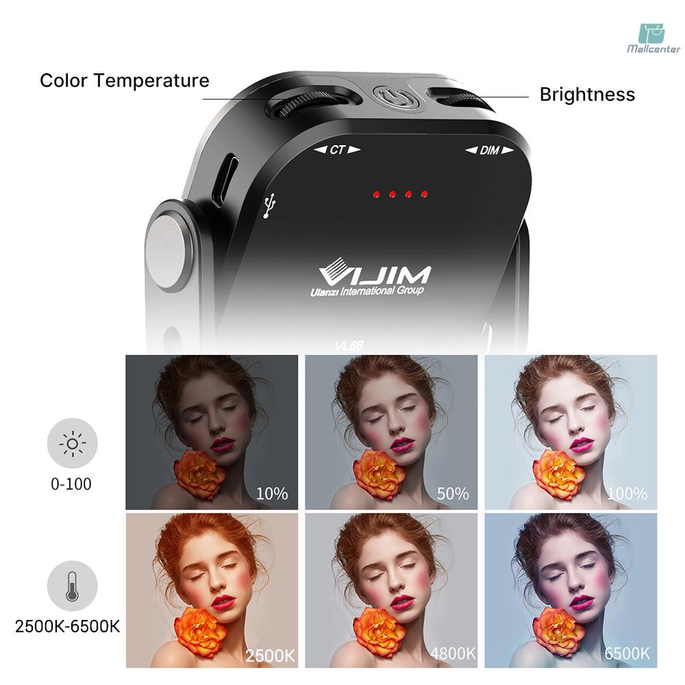 VL66 Mini Video LED Light 6W CRI95 2500K-6500K Stepless Dimmable with Triple Cold Shoe U-shape Stand Built-in Rechargeable 2000mAh Battery
